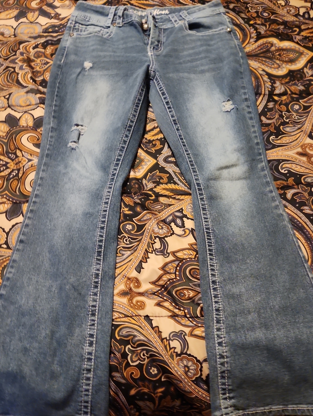 Cooper Flash Womens Curvy Light Wash Distressed Bootcut Jeans Stretchy Size 10